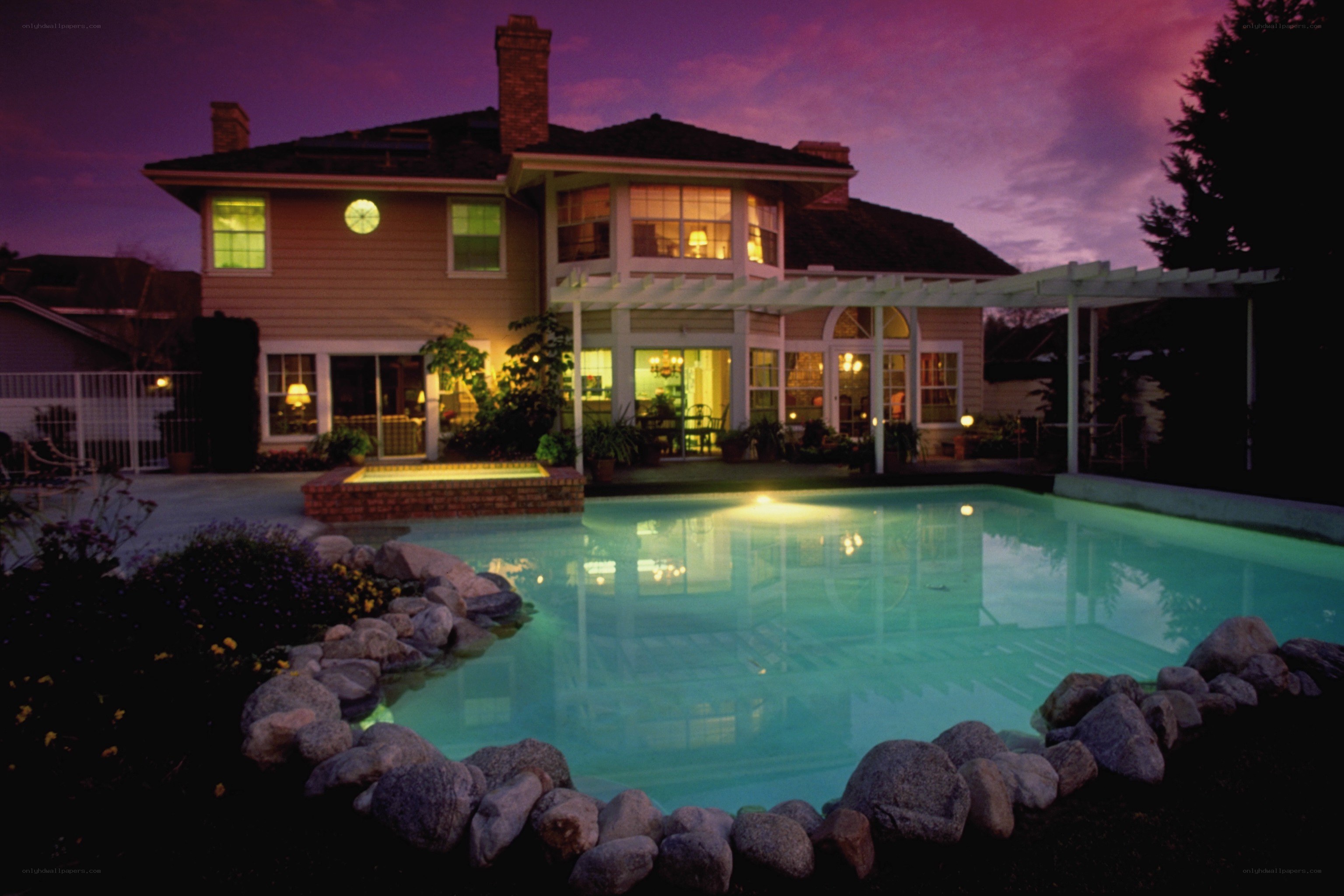 Evening poolside home view