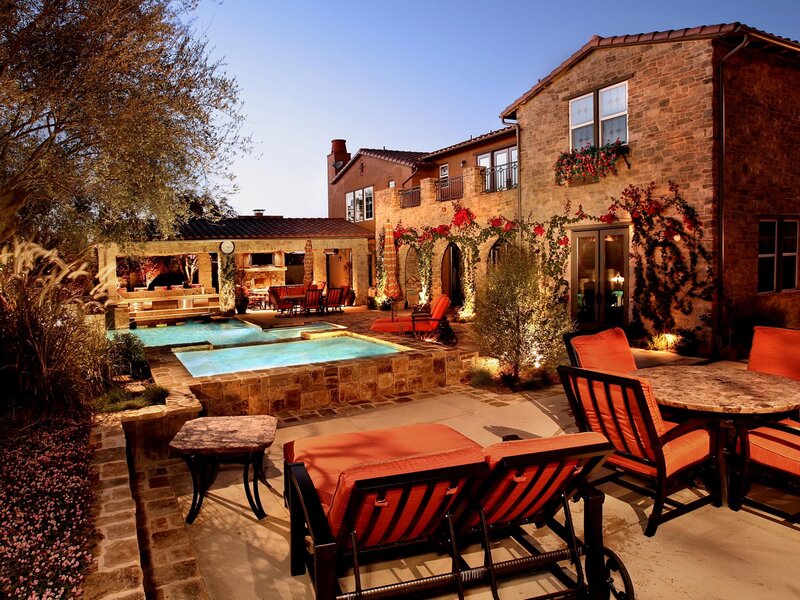 Evening poolside patio scene