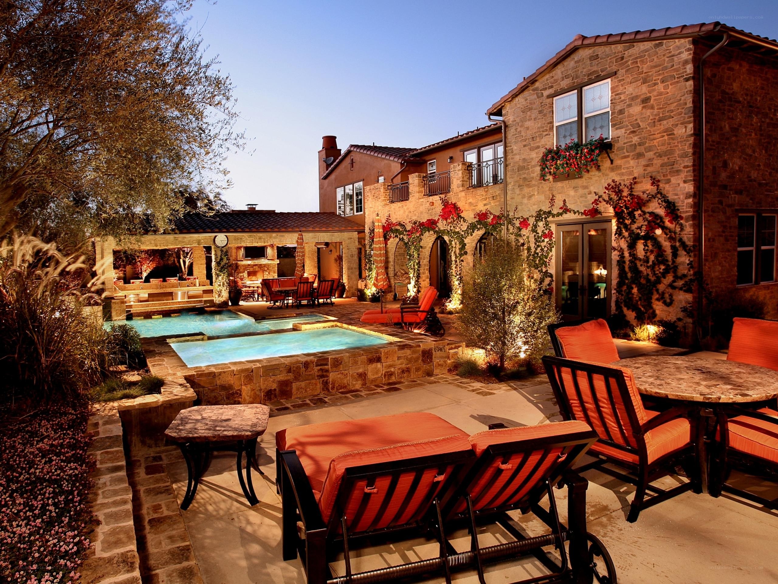 Evening poolside patio scene