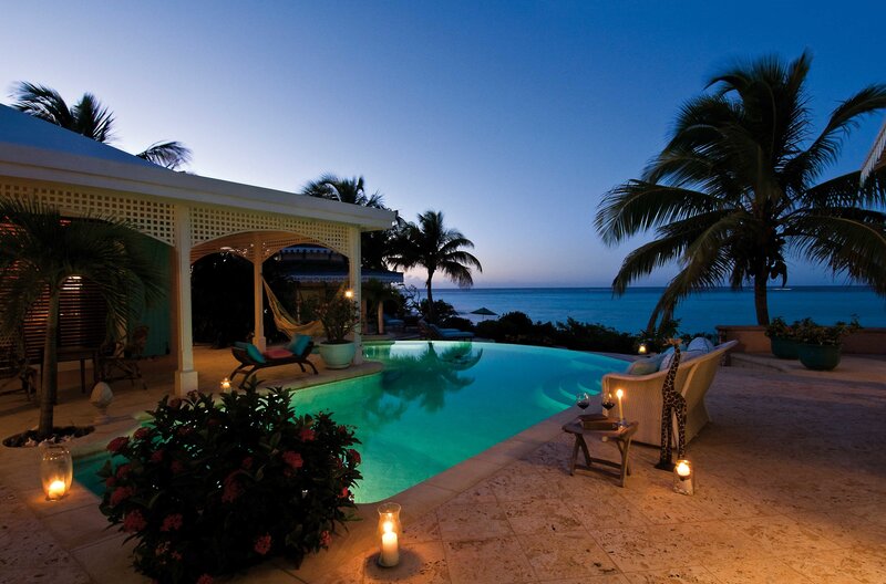 Evening poolside view at a tropical resort