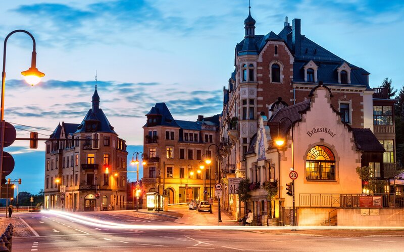 evening street scene in a historic town