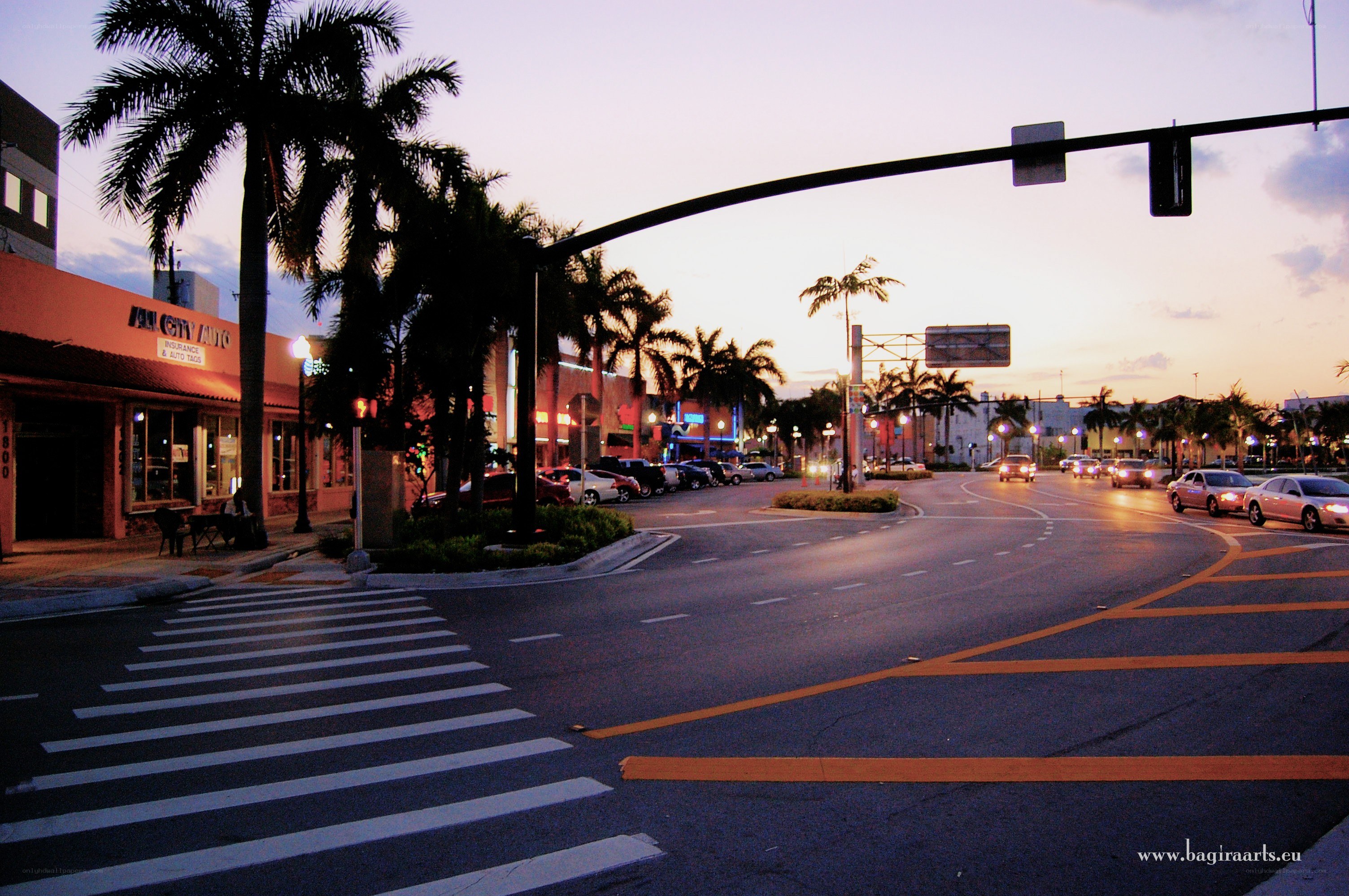 Evening street scene with palm trees