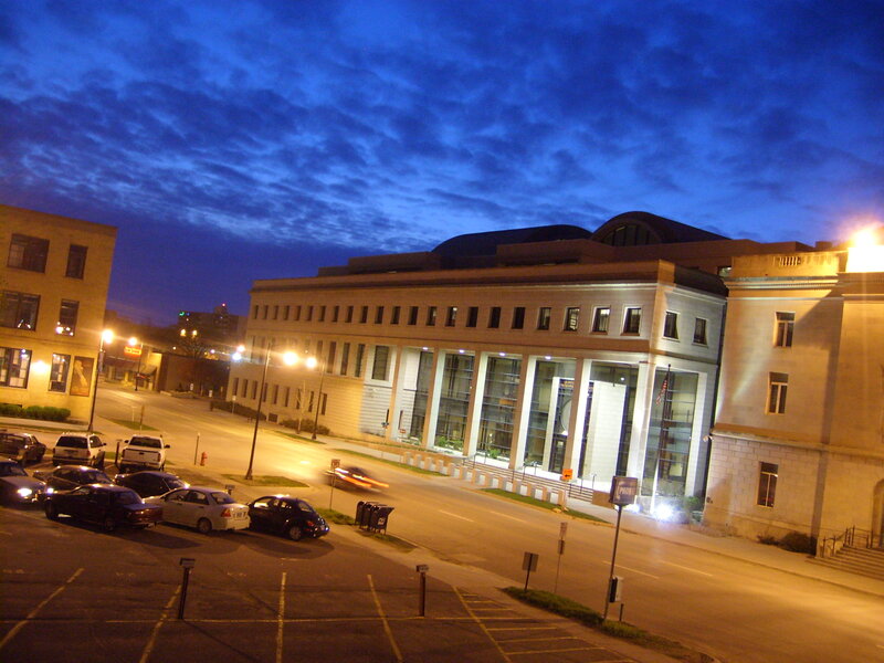 Evening view of a city building