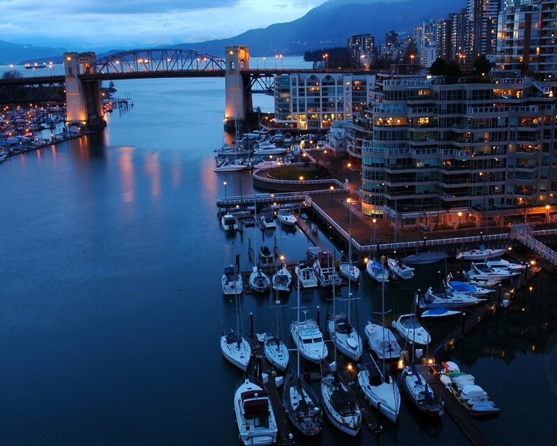 Evening view of a city harbor