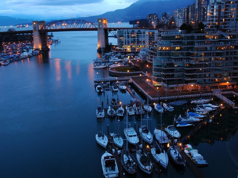 Evening view of a city marina