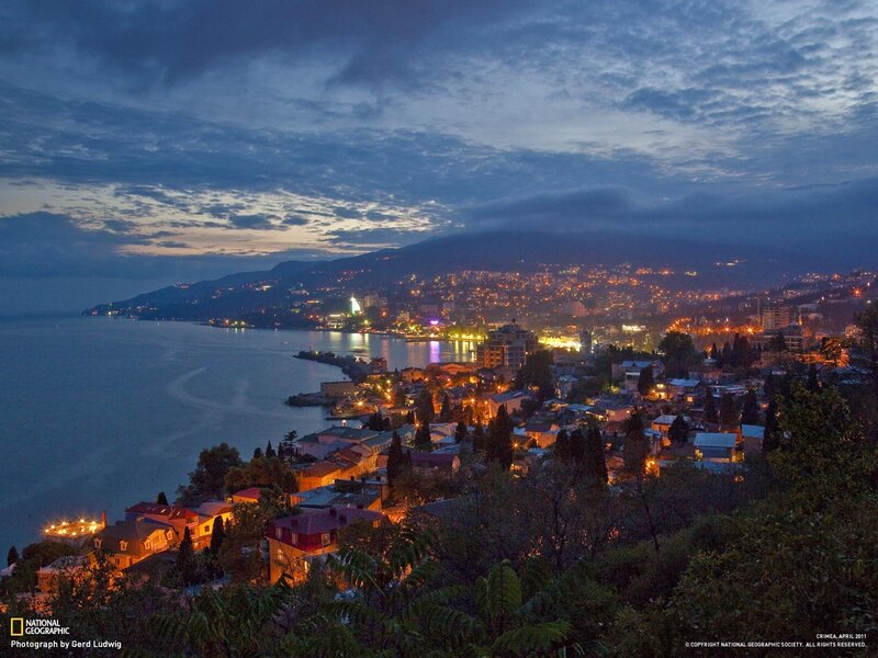 Evening view of a coastal city