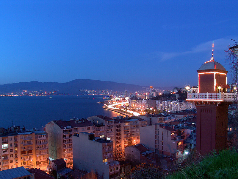 Evening view of a coastal city