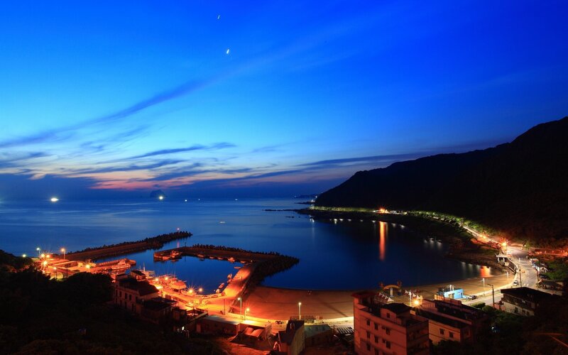 Evening view of a coastal harbor