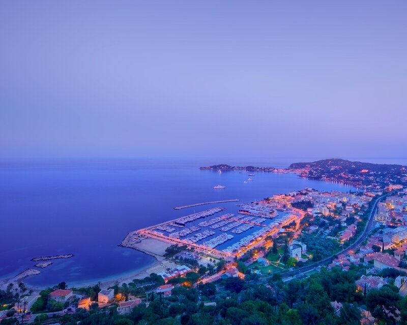 Evening view of a coastal marina