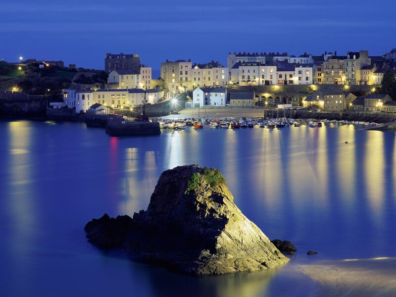Evening view of a coastal town