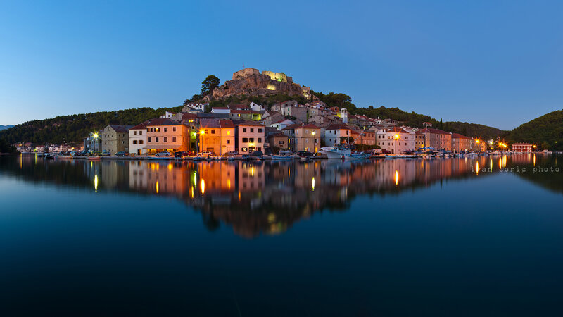 Evening view of a coastal town