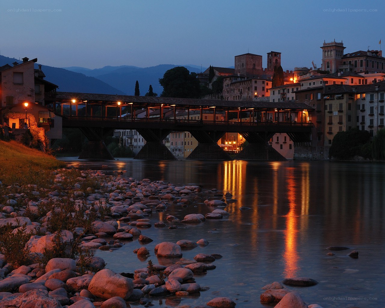 Evening view of a covered bridge