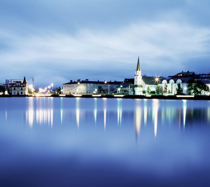 Evening view of a lakeside town