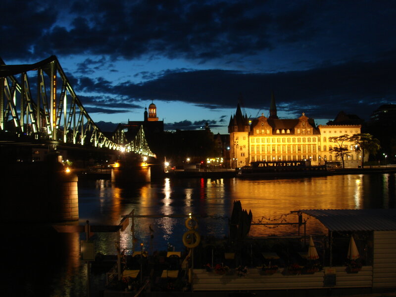 Evening view of a river and bridge