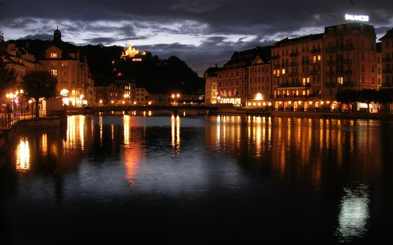 Evening view of a river city