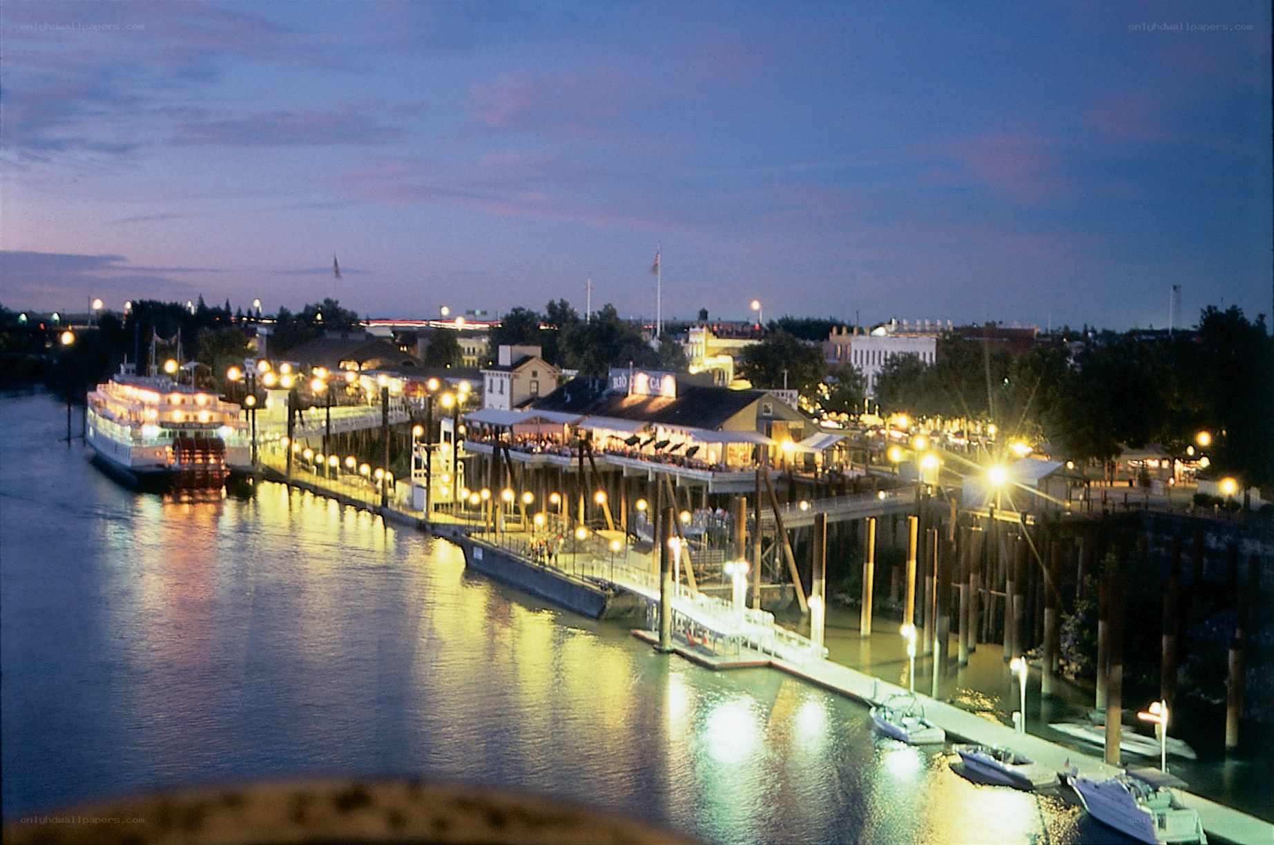 Evening view of a riverfront dock