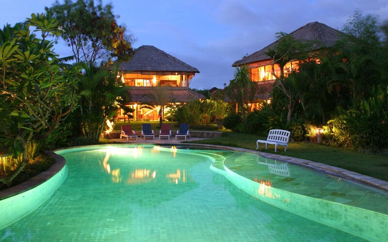 Evening view of a tropical villa