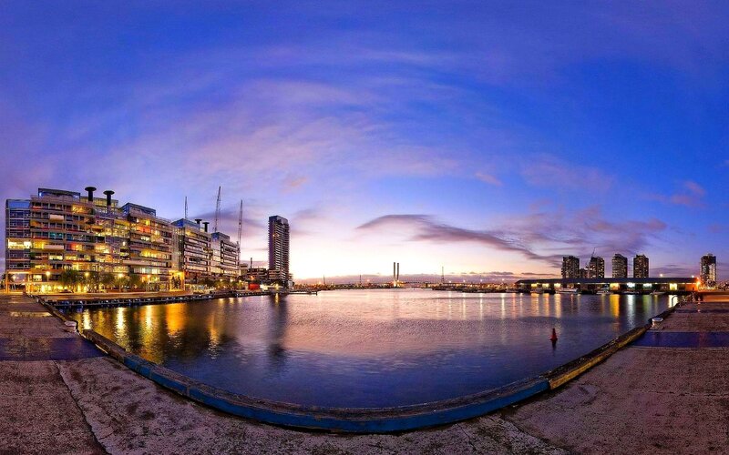 Evening view of a waterfront city