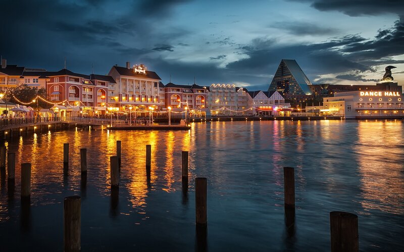 Evening view of a waterfront resort