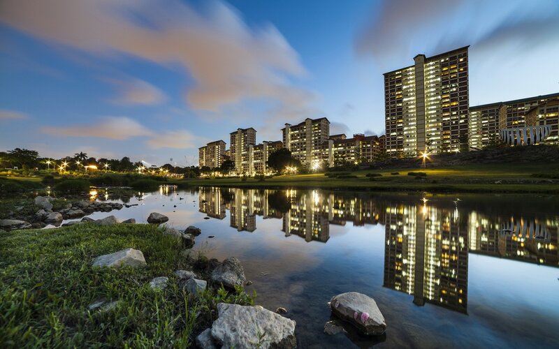 Evening view of apartment buildings