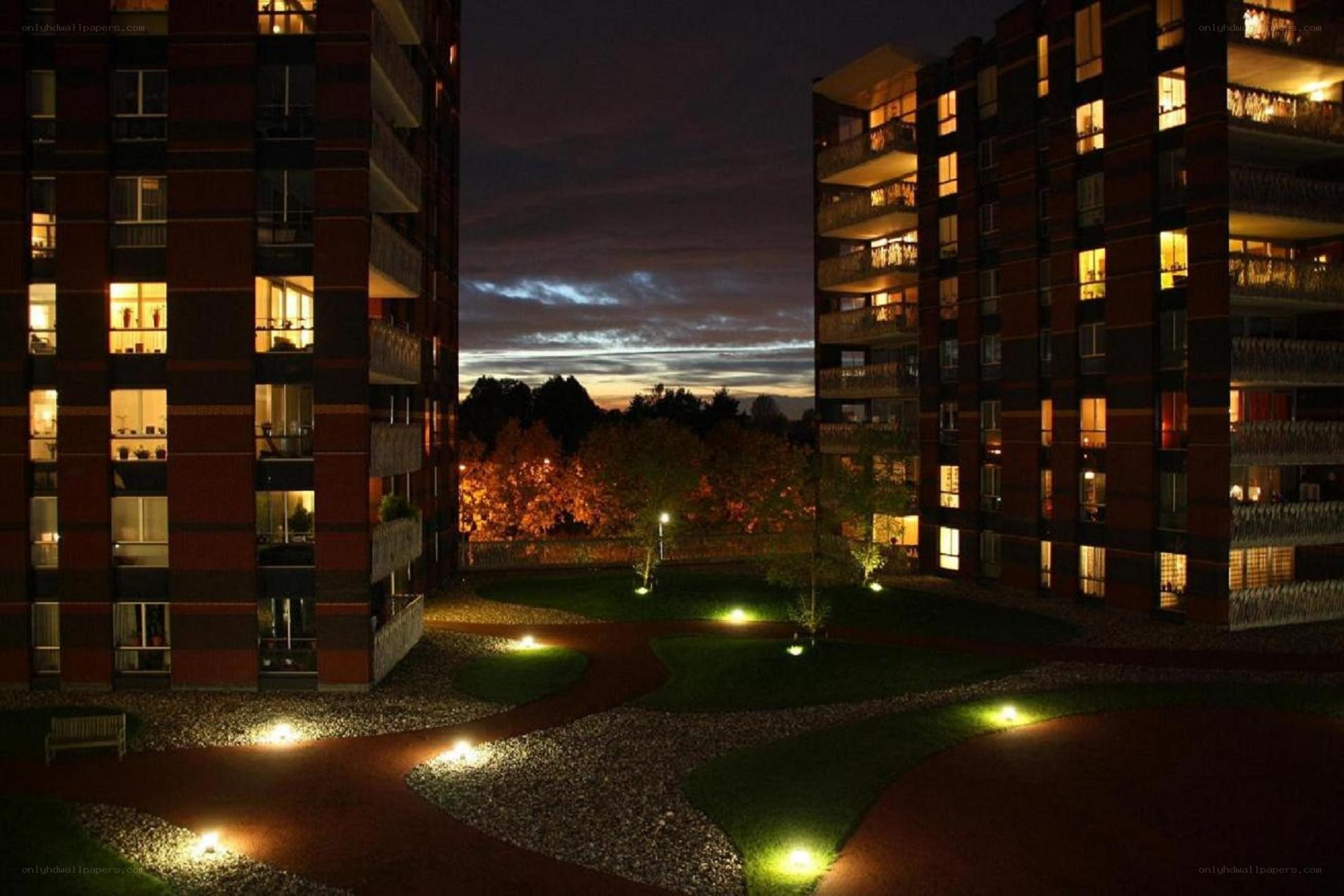 Evening view of apartment complex