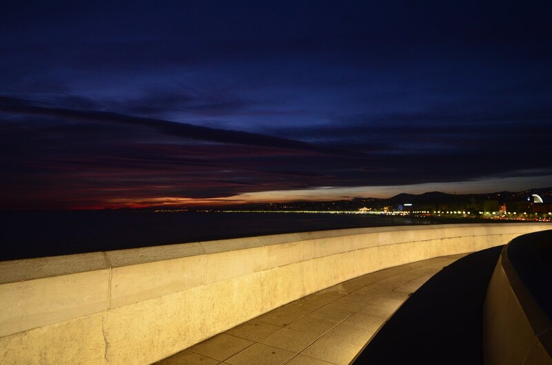 Evening view of coastal city