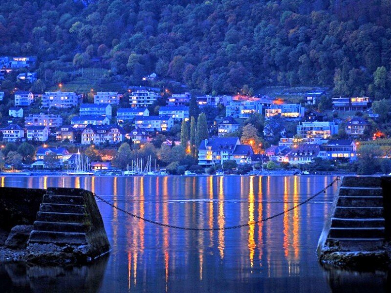 Evening view of lakeside town