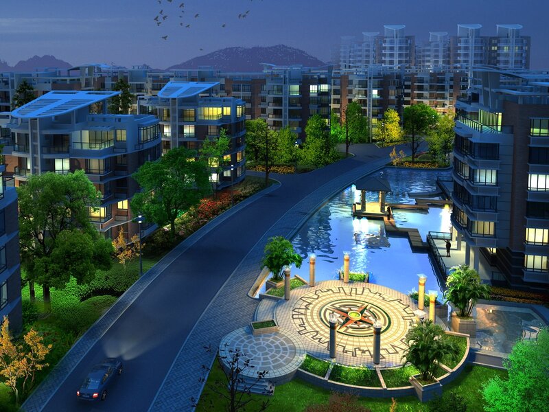Evening view of modern residential complex