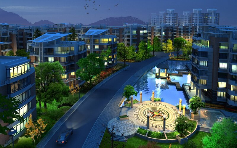 Evening view of modern residential complex