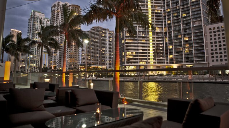 Evening view of waterfront lounge