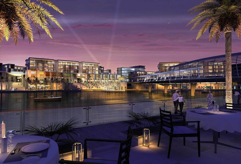 Evening waterfront city scene