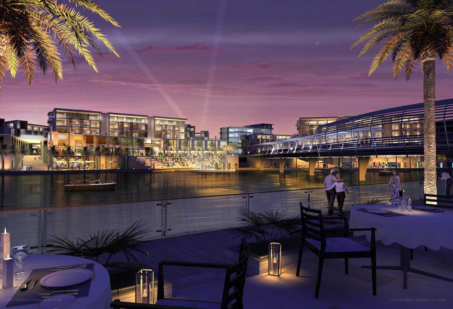 Evening waterfront city scene