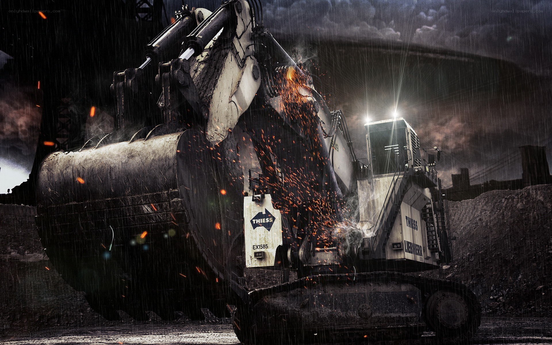 Excavator in rain with sparks
