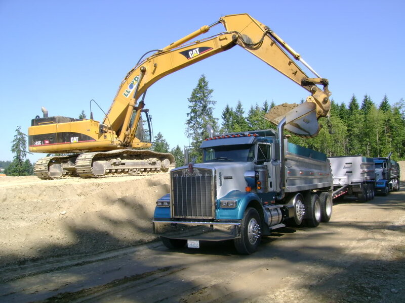 Excavator Loading Truck — Yellow, Industrial