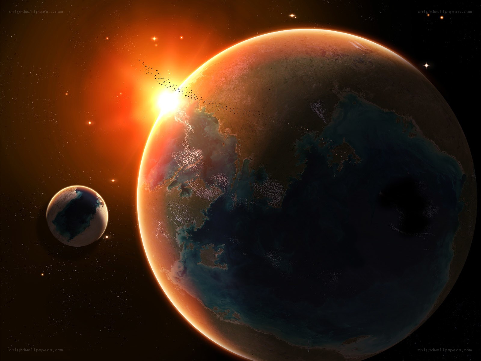 Exoplanet with moon at sunrise