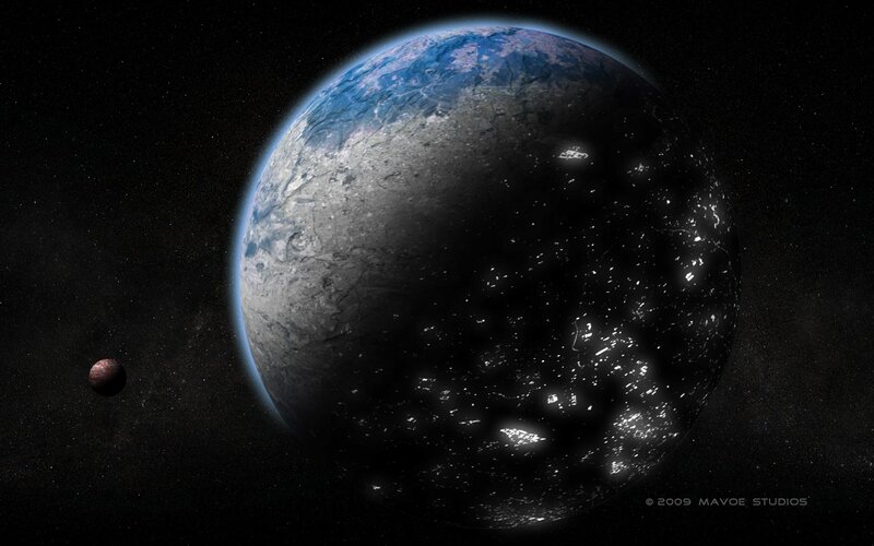 Exoplanet with Moon — Black, Dramatic, Night, Digital Art