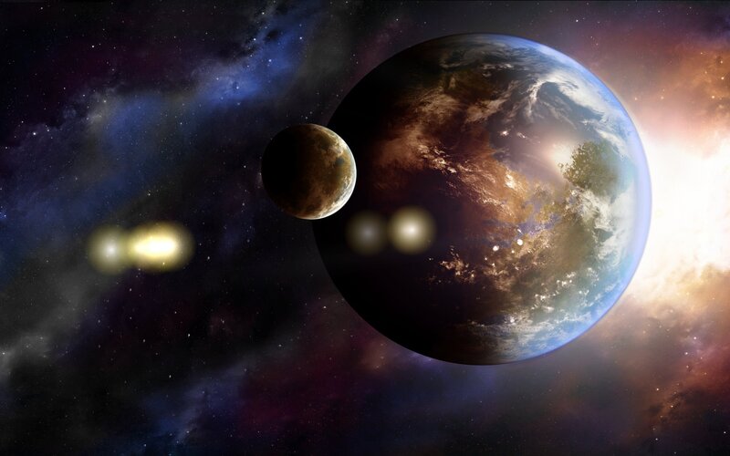 Exoplanet with Moon — Blue, Dramatic, Digital Art, Stars