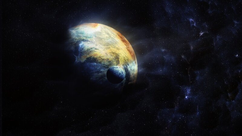 Exoplanet with Moon — Blue, Dramatic, Night, Digital Art