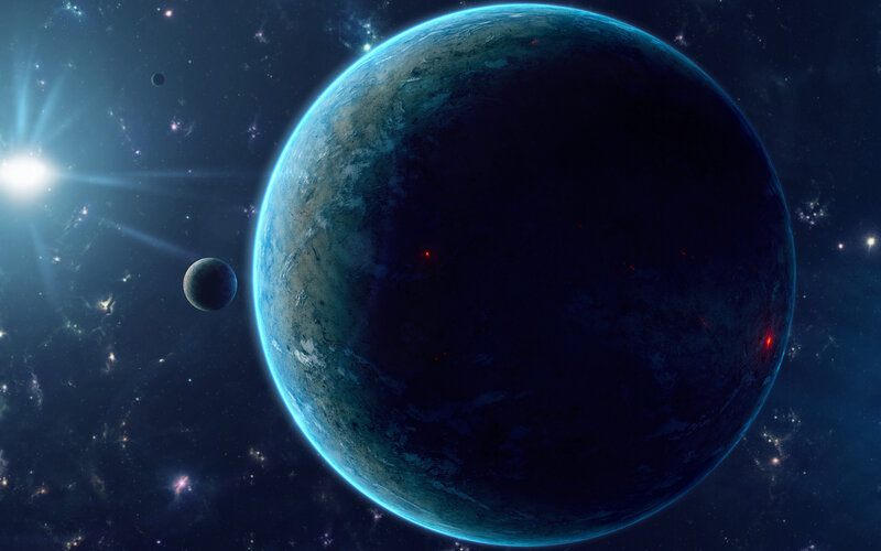 Exoplanet with Moon — Blue, Dramatic