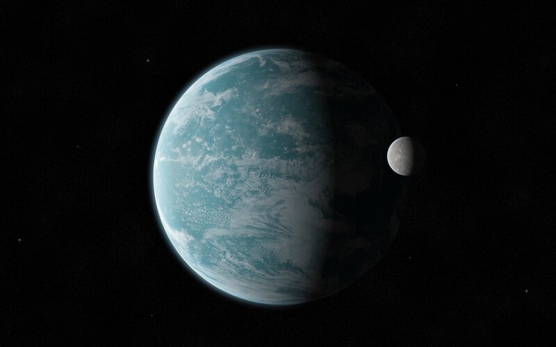 Exoplanet with Moon — Blue, Serene, 3d Render, Stars