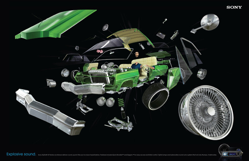Exploded car ad with Sony audio