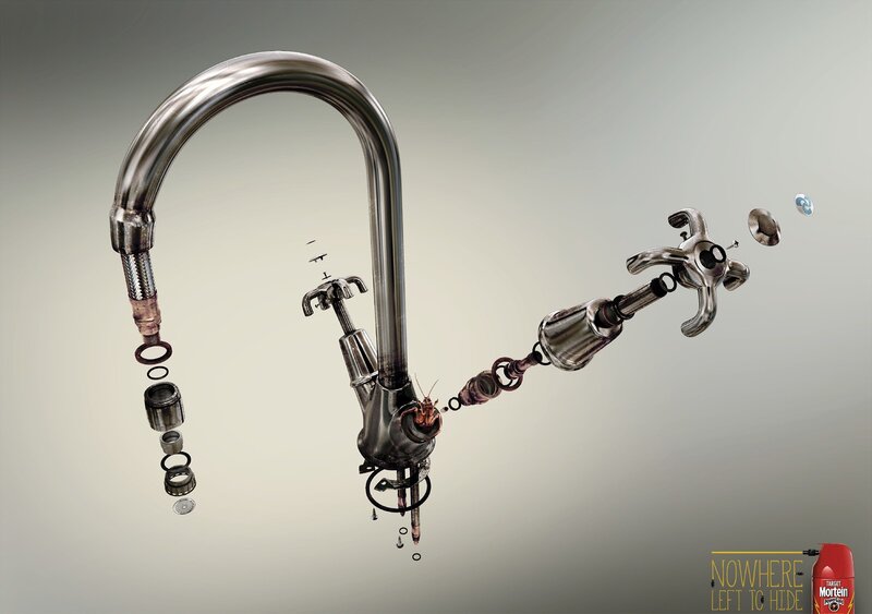 Exploded faucet with insect