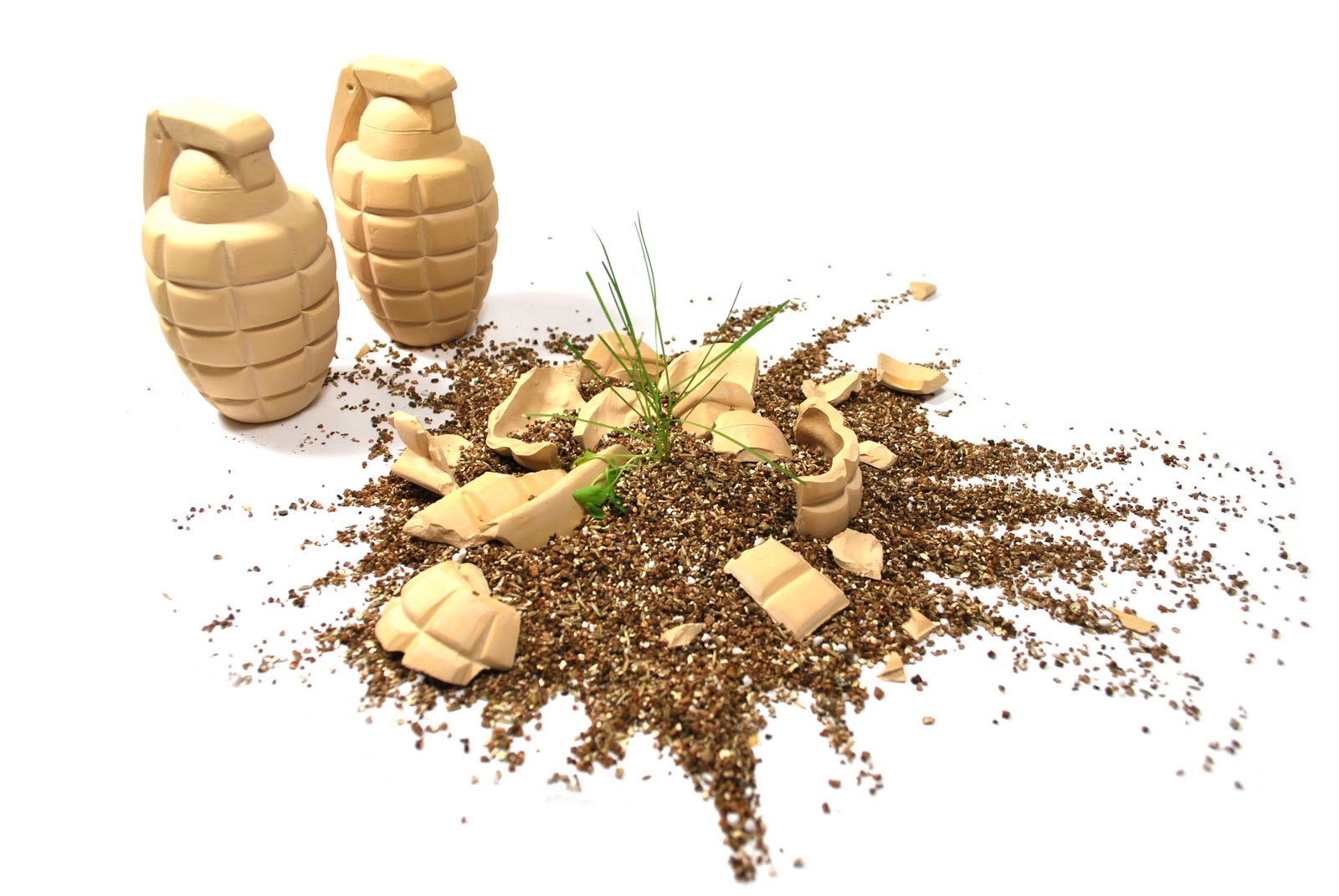 Exploded grenade with sprouting plant