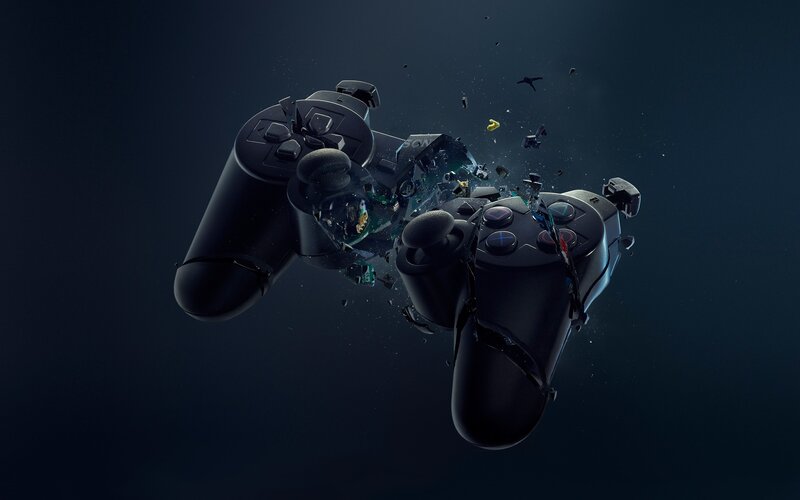 Exploding Game Controller — Black, Dramatic, Photograph