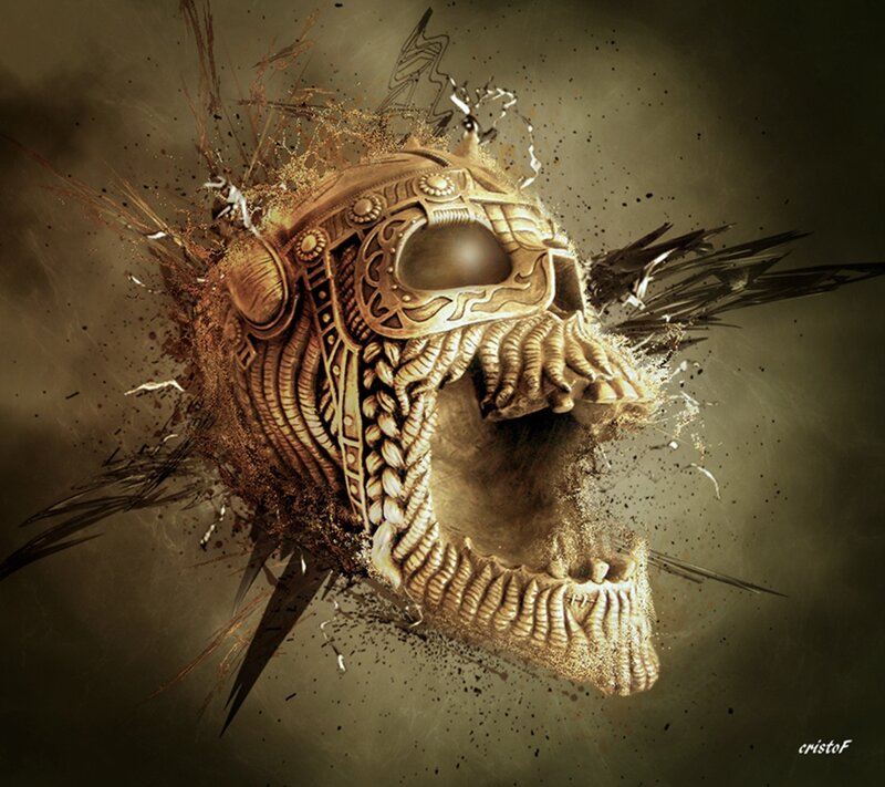 Exploding golden skull art