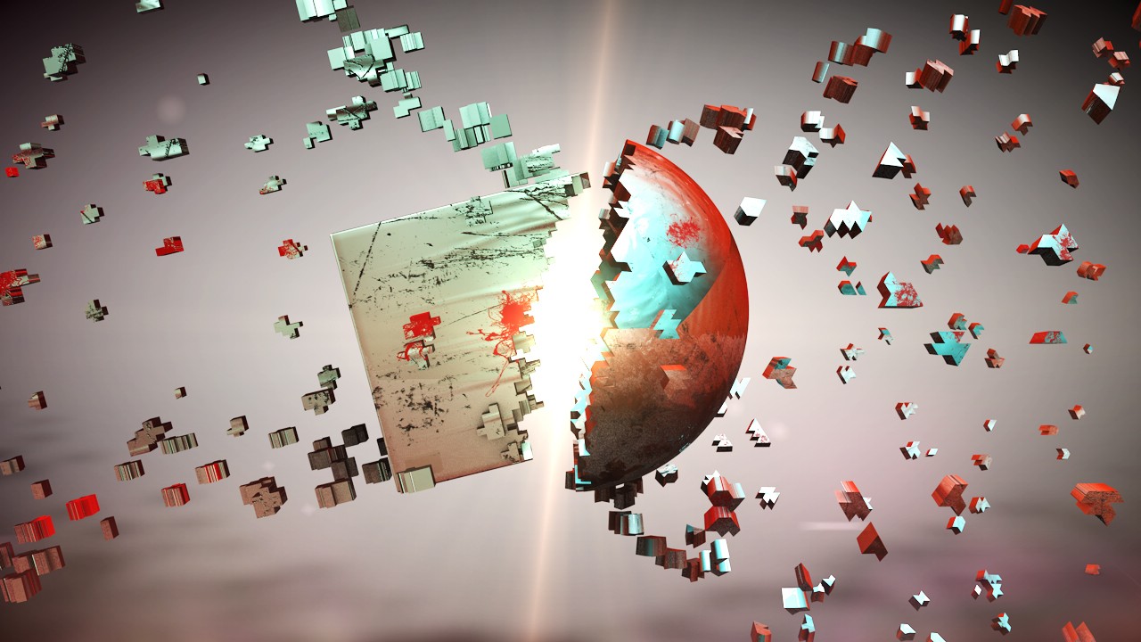 Exploding planet and cube