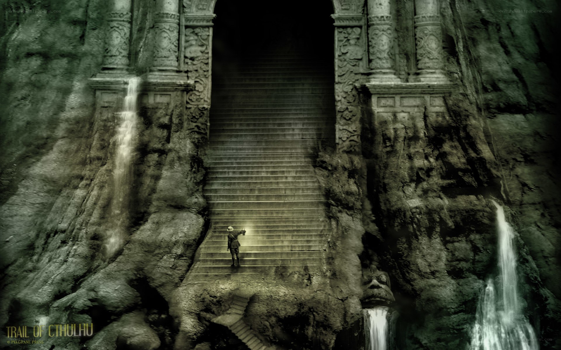 Explorer at ancient temple stairs