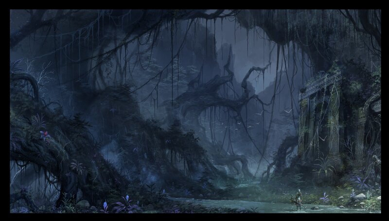 explorer in a dark jungle