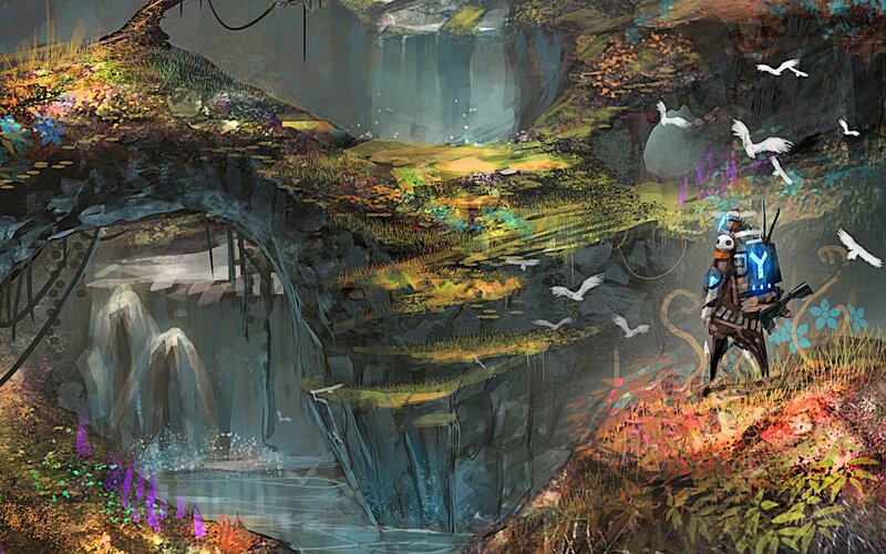 explorer in a lush cave
