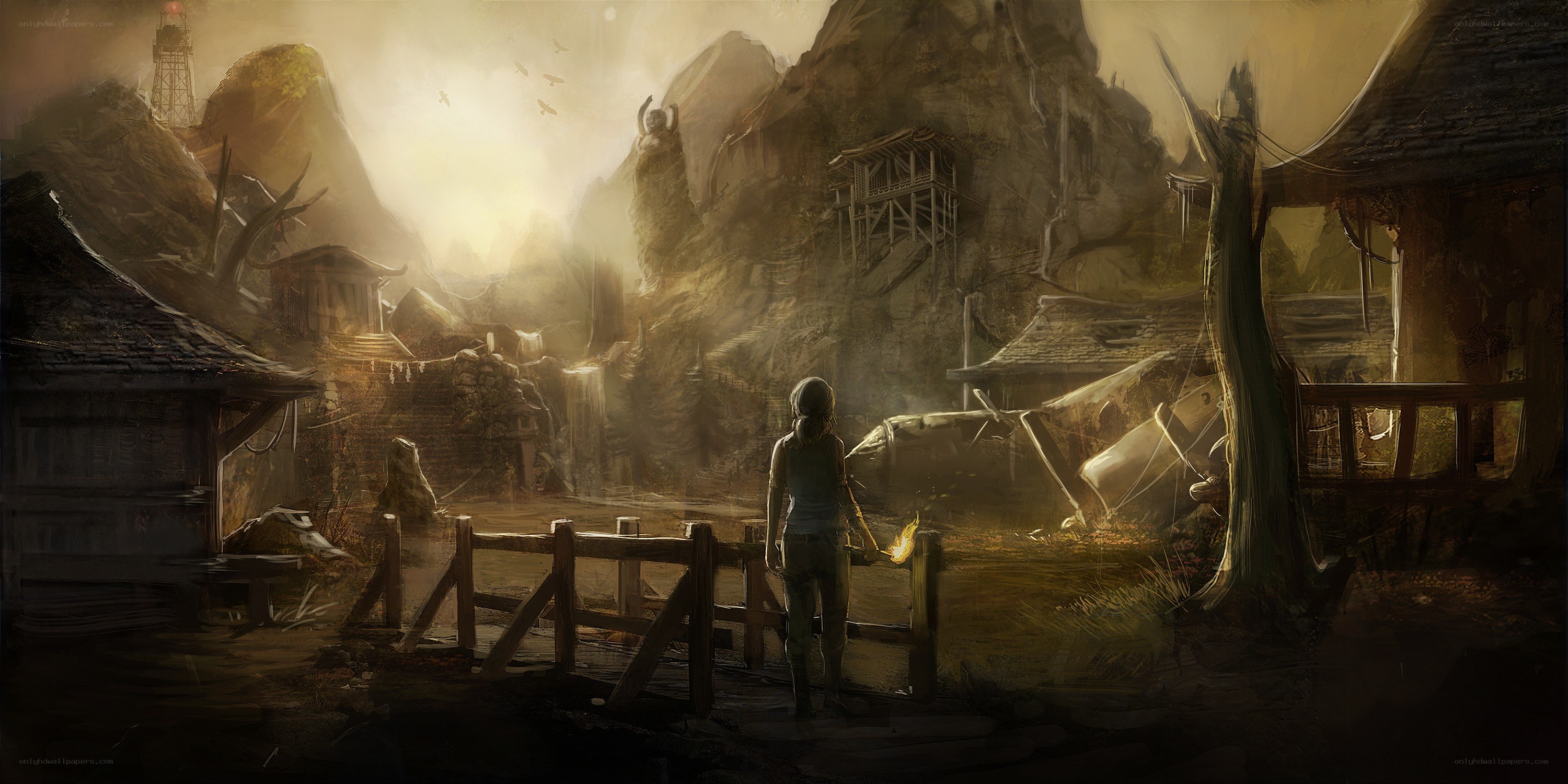 explorer in a ruined village